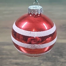 Vintage Glass Christmas Ornament Striped Glittered 2.5"