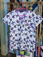 Samantha Mara Nurse Scrubs Top Purple Butterflies Women's Adjustable Waist Sz XS