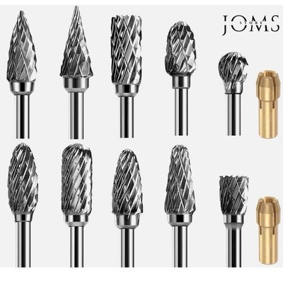 10pcs Head Tungsten Carbide Double Cut Rotary + 2 Collets Burr Set 1/8 Shank