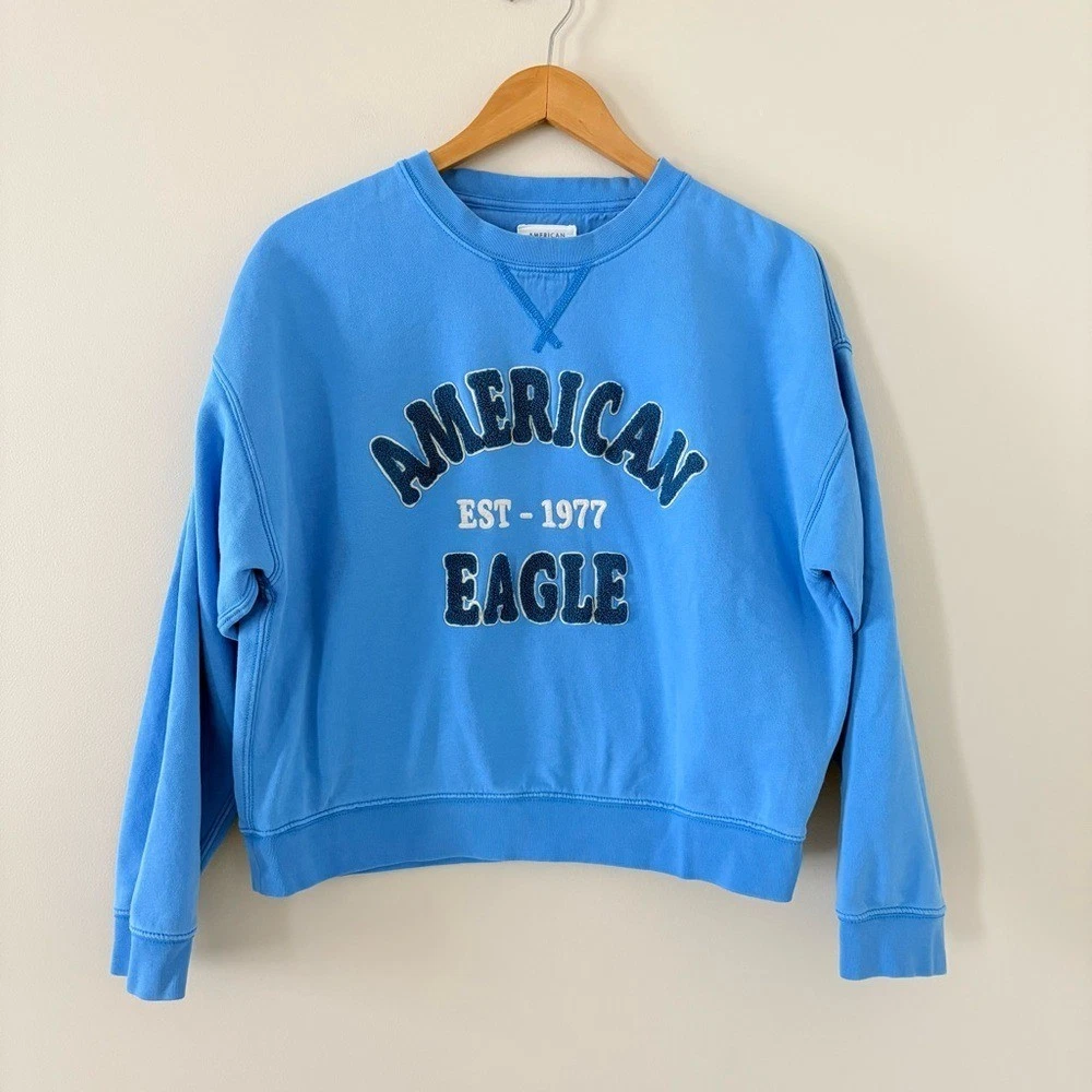 Sweat Femme American Eagle Aerie Grand Bleu – Taille L, Bords Bruts, Manches Longues
