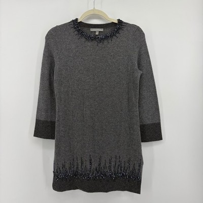 Neiman Marcus Womens S Gray 100% Cashmere Beaded Tunic Sweater 3/4 Sleeve