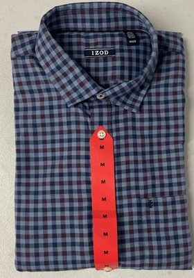 IZOD Men Luxe Touch Long Sleeve Button Up Shirt BLUE CHECK Soft MEDIUM Easy Care