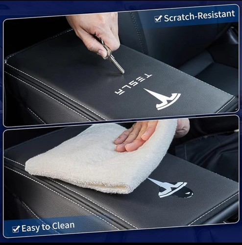 Car Armrest Cover Tesla Model 3 Y PU Leather Center Console Cover BLACK STITCH - Picture 6 of 7