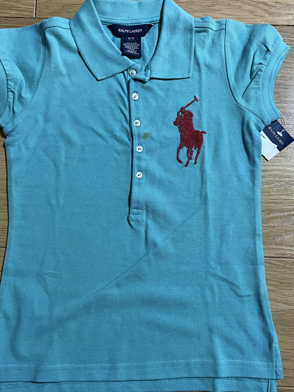 T shirt donna Ralph Lauren polo con perline grande pony blu ciano taglia 7 nuova con etichette