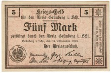 NOTGELDSCHEIN  Schlesien - Stadt  Grünberg - 5 Mark - 1918