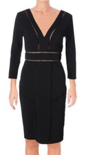 AQUA ~ Black Ladder Stitch 3/4 Sleeve Double V Sheath Party Dress XS NEW $138
