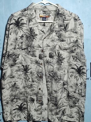 Hawaiian Shirt XL Havana Jack s Cafe 100% Silk Tropical Palm  Button Cream/Gray 