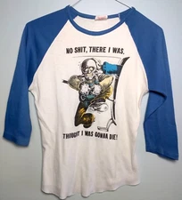 Vintage LE RICHE Women T-Shirt Raglan 50/50 White Blue Solider Double Sided USA