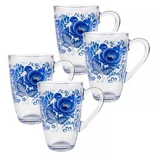STPGOODS Gzhel Glass Mug Set of 4 - Durable Top Quality Tea Coffee Mugs 4x10 oz