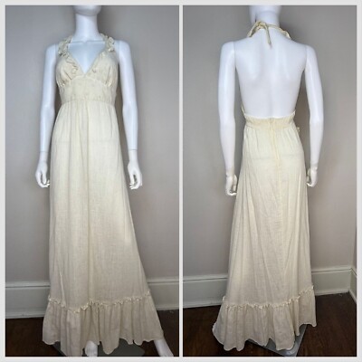 Vtg 1970s Cream Gauze Halter Maxi Dress Daffy California Casual Corner 70s Boho