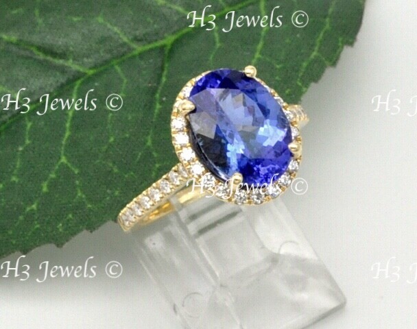 14k Solid Yellow gold Natural Diamond & Oval shape AAA Tanzanite ring halo 4.27c