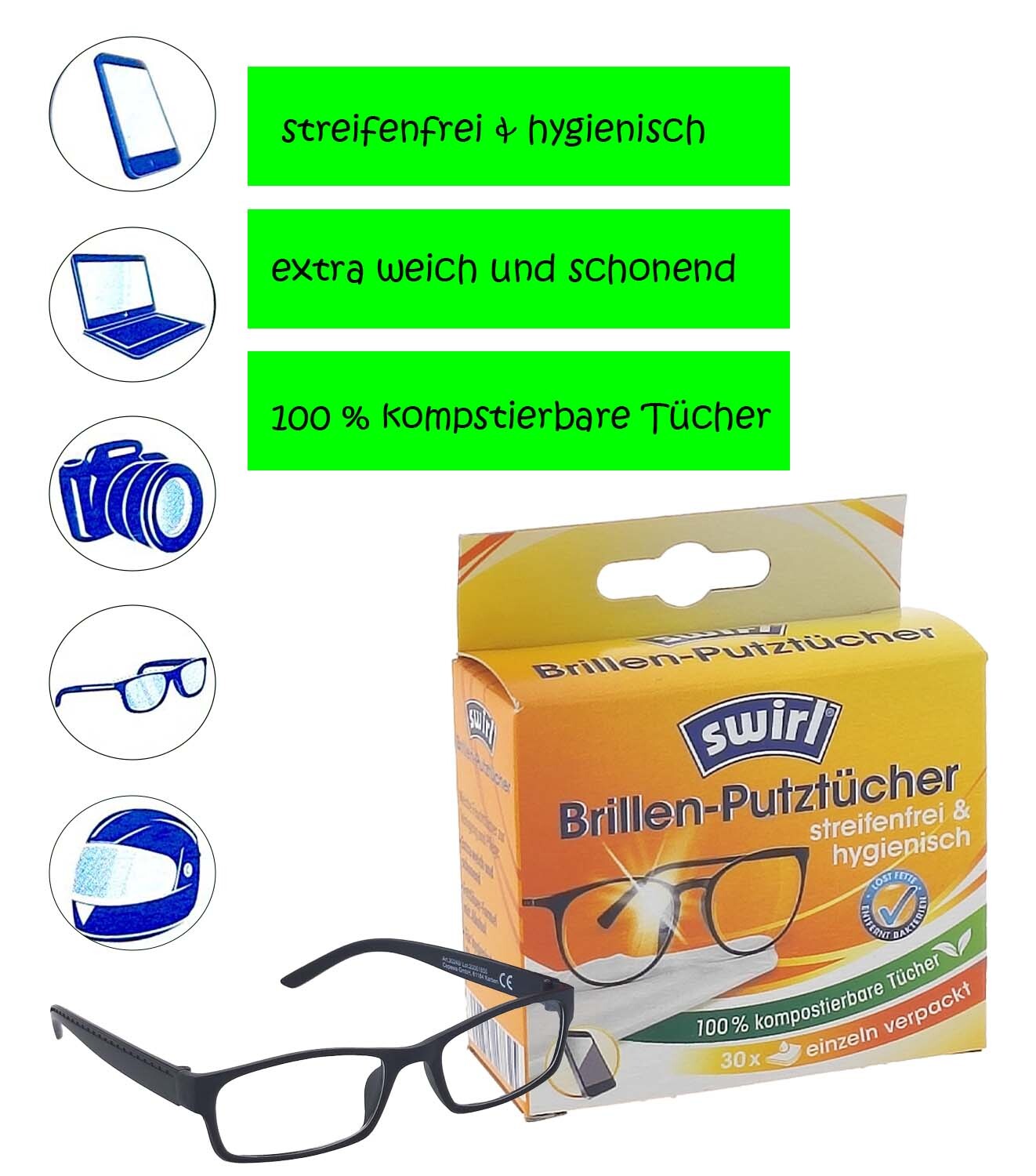 Shiny Wipes Tücher Swirl® Brillen-Putztücher, 1 Karton = 20