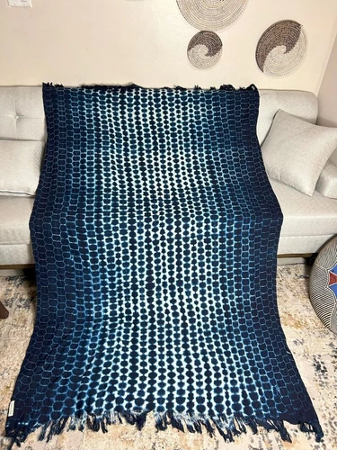 Authentic African Mudcloth Indigo Textile Boho Fringe Shibori Blanket Throw