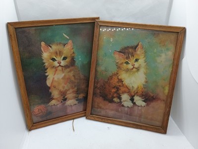 Vintage Florence Kroger Kitty Cat Kitten  Lithograph Prints Framed w/Glass Decor