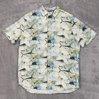 Margaritaville Shirt Mens XL Green Blue Rayon Yacht Resort Fish Nautical Explore