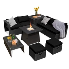 9PCS Patio Rattan Furniture Set Fire Pit Space-saving W/Cover Black Cushion