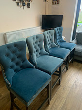 Set of 4 Blue Velour Bar Stools with Backrest, Wood Frame