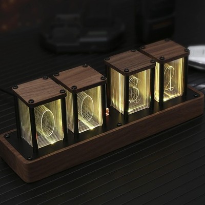 Walnut Nixie Tube Clock with Wi-Fi Sync, Alarm & Timer - Retro Gift Idea