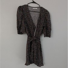 Reformation XL Wrap Dress Black Multicolor Dot Print Puff Sleeve Mini