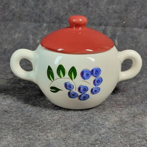 Stangl Pottery Lidded Sugar Bowl Handpainted Blueberry 3.5"×4" Cottagecore Fruit