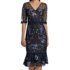 NWT Marchesa Notte V Neck Embroidered Lattice Lace Midi Dress 10 Dark Romantic