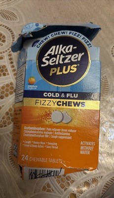 Alka-Seltzer Plus Fizzy Chews Cold & Flu Orange Tablet 24 Ct Exp 07/26 Dmg Box