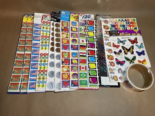 Lot of Vintage Teacher Stickers Flags Coins Christmas Shapes Books Stars 1990s