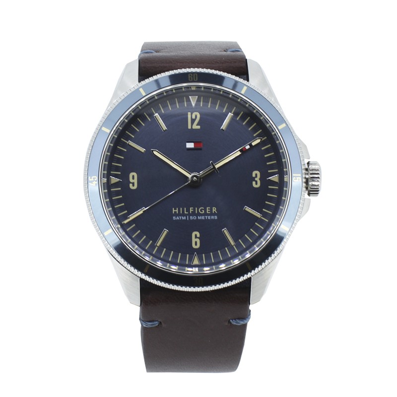 Tommy Hilfiger Men's Watch Brown Leather Strap Blue Dial 1791905 For Him