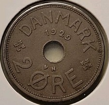 1929 Denmark 2 Ore - AU - About Uncirculated