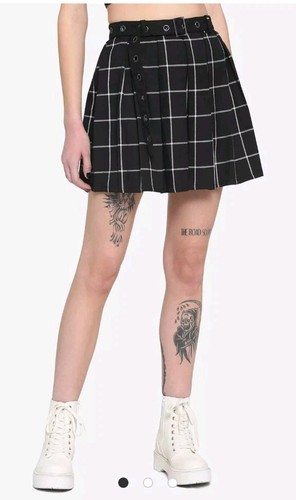 Hot Topic Black White Plaid Pleated Skirt Grommet Belt Skater Mini Goth Small - Bild 2 von 7