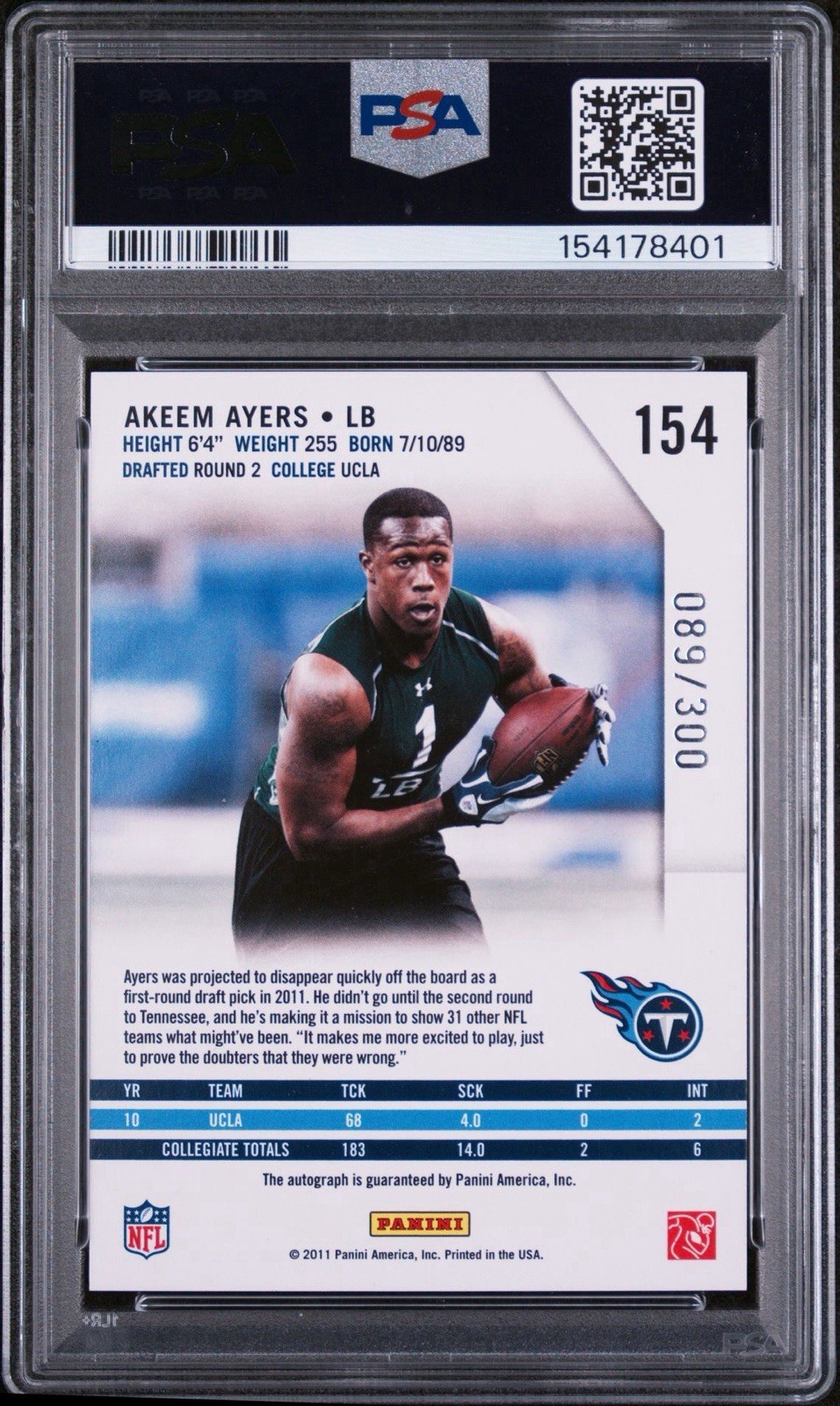 2011 Panini R & S #154 Akeem Ayers PSA 10 GEM Autograph Holofoil #089/300 Titans view 2