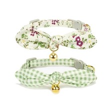 2 Pack Cotton Cat Collar, Removable Bowtie, Floral 2 Pack Check Green