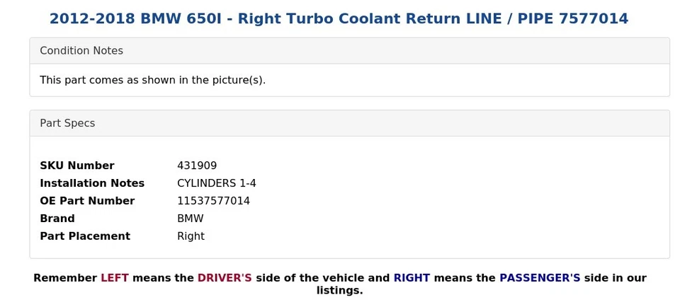 2012-2018 BMW 650I - Linha de retorno do líquido de arrefecimento turbo direita/tubulação 7577014 - Imagem 4 de 4