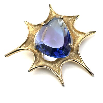 Atomic Blast Brooch Pin Signed BSK Gold Tone Blue Stone Starburst Vintage MCM