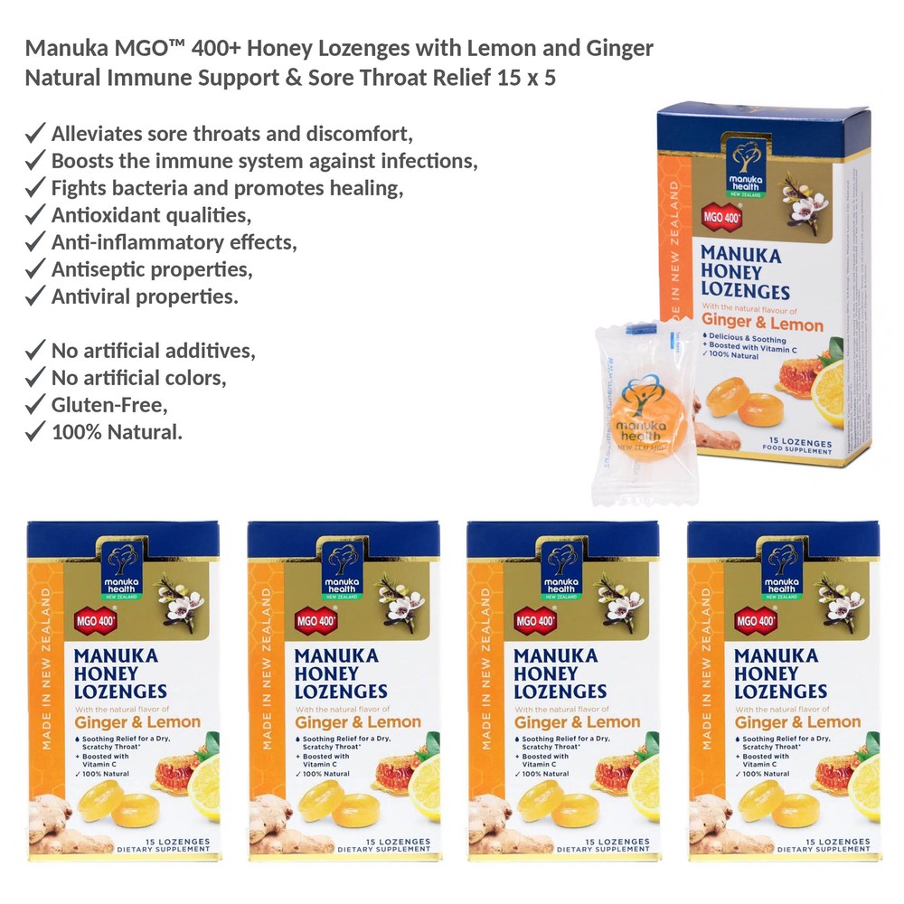 Manuka MGO™ 400+ Honey Lozenges with Lemon and Ginger Flavor Sore Throat Relief