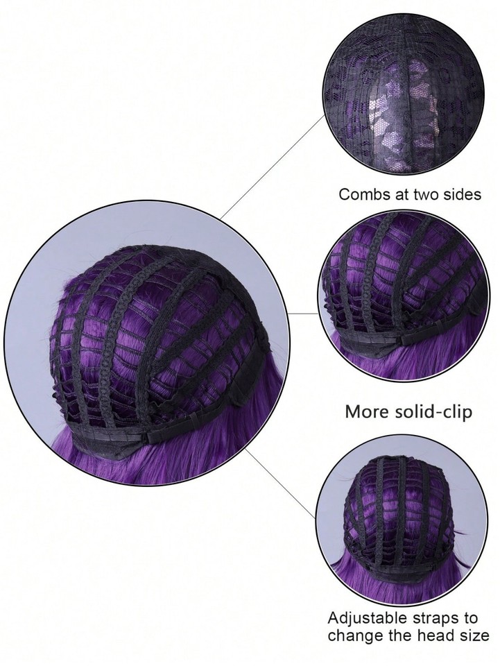 Purple Woman Wig Natural Everyday Hair With Bangs, Curly Hair And Wigs