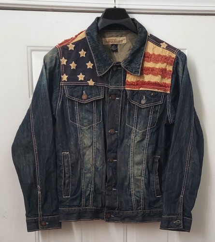 COPPER RIVET MEN'S USA STARS & STRIPES COTTON DISTRESSED DENIM JACKET SIZE XL - Picture 2 of 9
