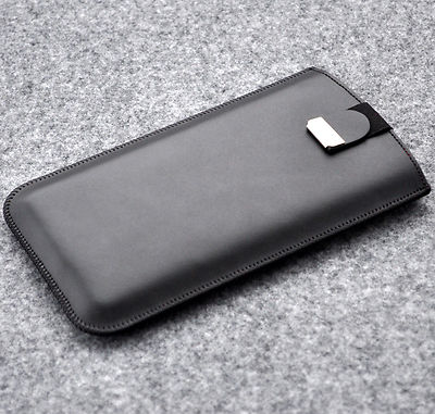 Phone case real leather cover sleeve padded lined black with magnetic strap