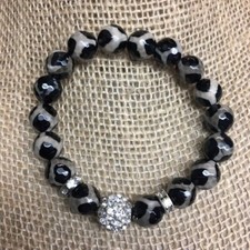 Black Rhinestone Bracelet Spotted Beige Stretch Faceted Bling Glam