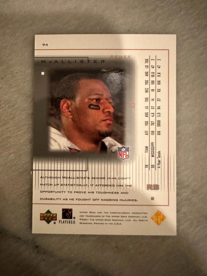 DEUCE MCALLISTER 2001 UPPER DECK PROS & PROSPECTS #94 ROOKIE RC #'D 0035/1000 - Image 2 of 2
