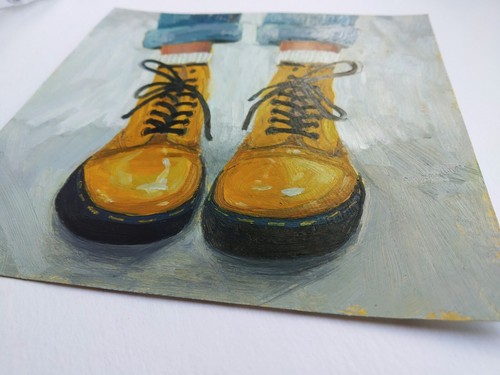 Original Oil Painting Yellow Boots 6x6 inches Fashion Painting - Picture 2 of 8