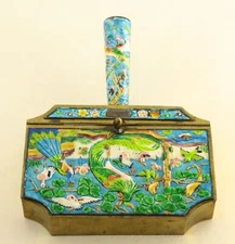 = 20th C. Chinese Brass Cloisonne Birds of Paradise Silent Butler Crumb Catcher