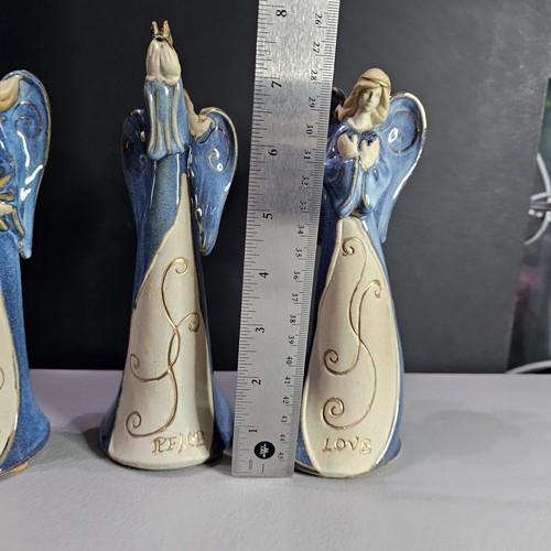 Set Of 3 Blue Stoneware Glazed Angels "Joy Peace Love" Signed 10=3 Winged 8 Inch - Picture 14 of 16