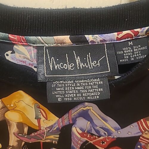 Camicia da sneakers vintage Nicole Miller 100% seta stampa totale media 1990 gambe - Foto 4 di 6