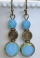 Blue Picasso Bead and Bronze Dangle Earrings. Bohemian Chic.