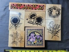 Lot of 7 Rubber Stamp Wood Mounted Used New Floral Theme and Flowers