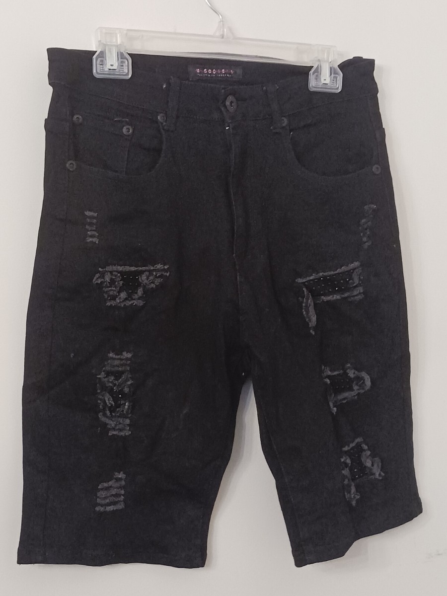 Society Shorts Mens Size 32 Black Denim Jean Distressed Destroyed Bermuda