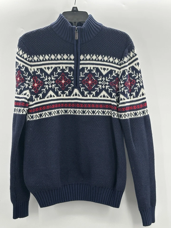 IZOD Mens Peacoat Blue Long Sleeve Fair Isle Quarter-Zip Sweater Small Christmas - Image 2 of 4