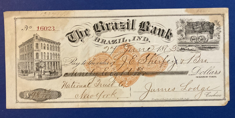 The Brazil Bank Brazil, IN 1873 Bank Check  & Coal Vignette Scarce