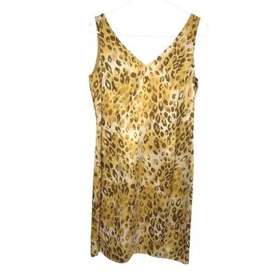 Y2K Blushe 100% Silk Dress Size 6 Gold Leopard V-Neck Sheath Mobwife Minimalist